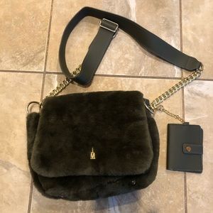 Isaac Mizrahi New York faux fur green/gold metal accents. Has small card wallet